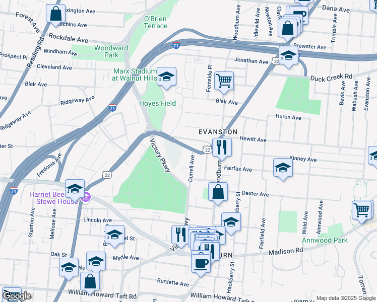 map of restaurants, bars, coffee shops, grocery stores, and more near 3143 Durrell Avenue in Cincinnati