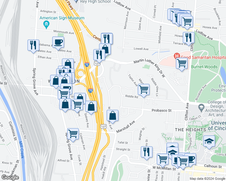 map of restaurants, bars, coffee shops, grocery stores, and more near 2960 West McMicken Avenue in Cincinnati