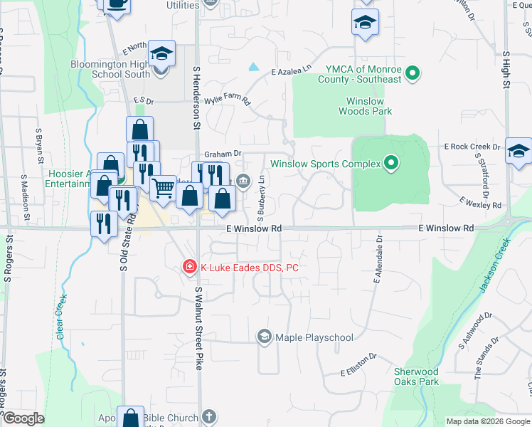 map of restaurants, bars, coffee shops, grocery stores, and more near 2496 South Burberry Lane in Bloomington