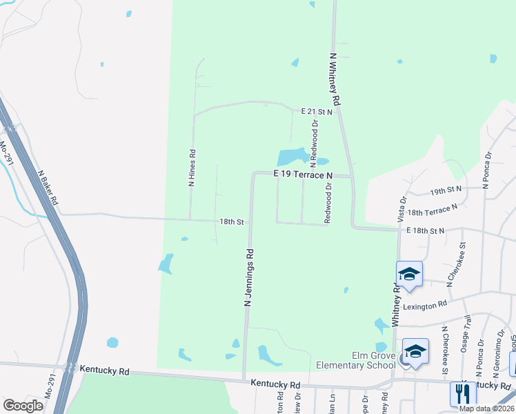 map of restaurants, bars, coffee shops, grocery stores, and more near 1806 North Davidson Street in Independence