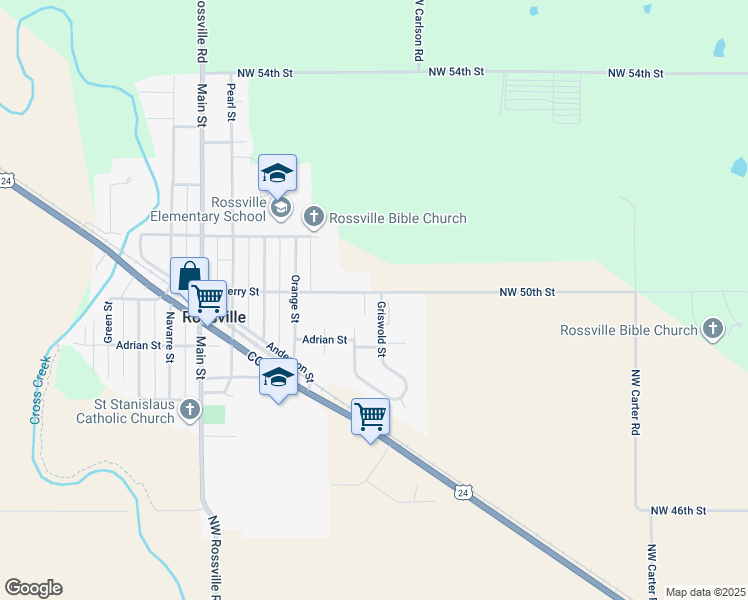map of restaurants, bars, coffee shops, grocery stores, and more near 603 Griswold Street in Rossville