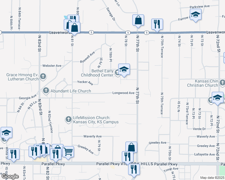 map of restaurants, bars, coffee shops, grocery stores, and more near 7832 Longwood Avenue in Kansas City