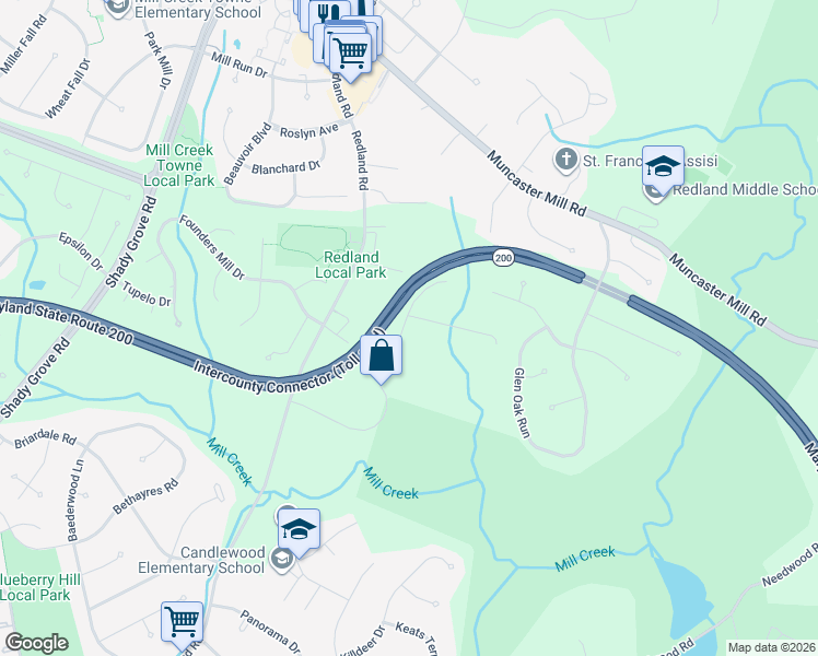 map of restaurants, bars, coffee shops, grocery stores, and more near 17001 Overhill Road in Rockville