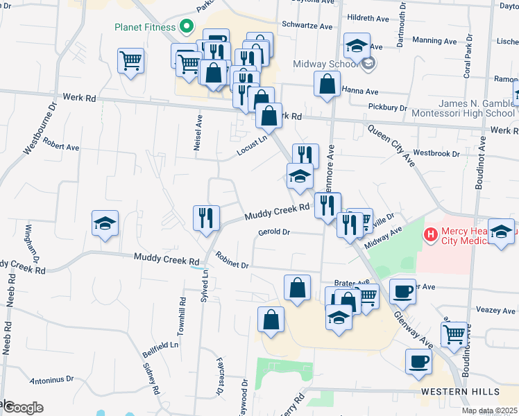 map of restaurants, bars, coffee shops, grocery stores, and more near 3448 Muddy Creek Rd in Cincinnati