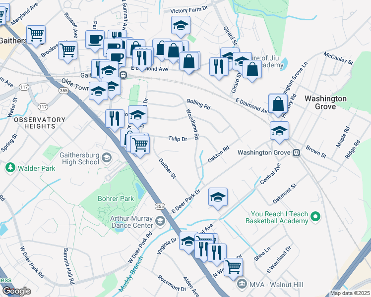 map of restaurants, bars, coffee shops, grocery stores, and more near 14 Holly Drive in Gaithersburg