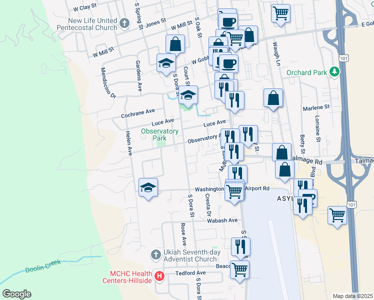 map of restaurants, bars, coffee shops, grocery stores, and more near 1119 South Dora Street in Ukiah