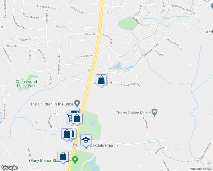 map of restaurants, bars, coffee shops, grocery stores, and more near 17127 Old Baltimore Road in Olney