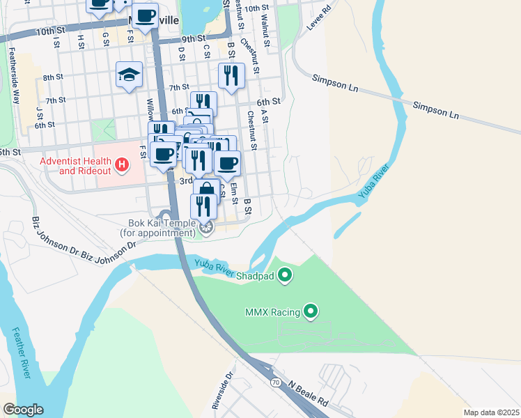 map of restaurants, bars, coffee shops, grocery stores, and more near 120 Chestnut Street in Marysville