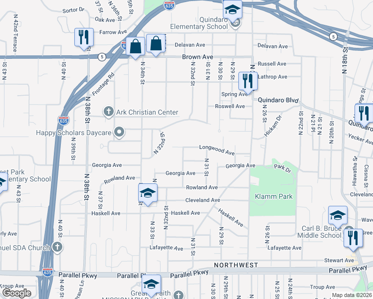 map of restaurants, bars, coffee shops, grocery stores, and more near 3137 Longwood Avenue in Kansas City