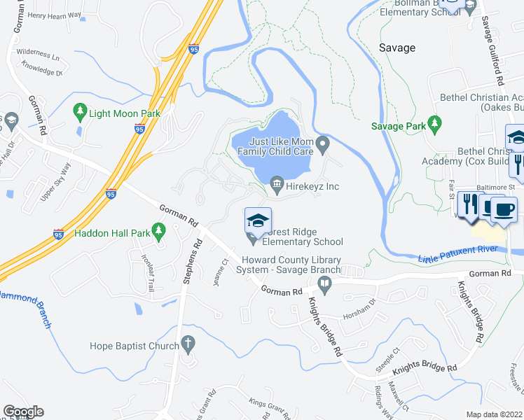 map of restaurants, bars, coffee shops, grocery stores, and more near 8609 Saddleback Place in Laurel