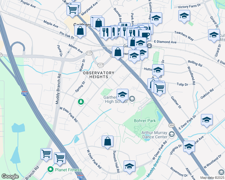 map of restaurants, bars, coffee shops, grocery stores, and more near 100 Desellum Avenue in Gaithersburg