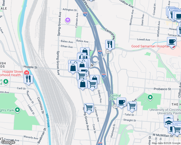 map of restaurants, bars, coffee shops, grocery stores, and more near 2953 Sidney Avenue in Cincinnati
