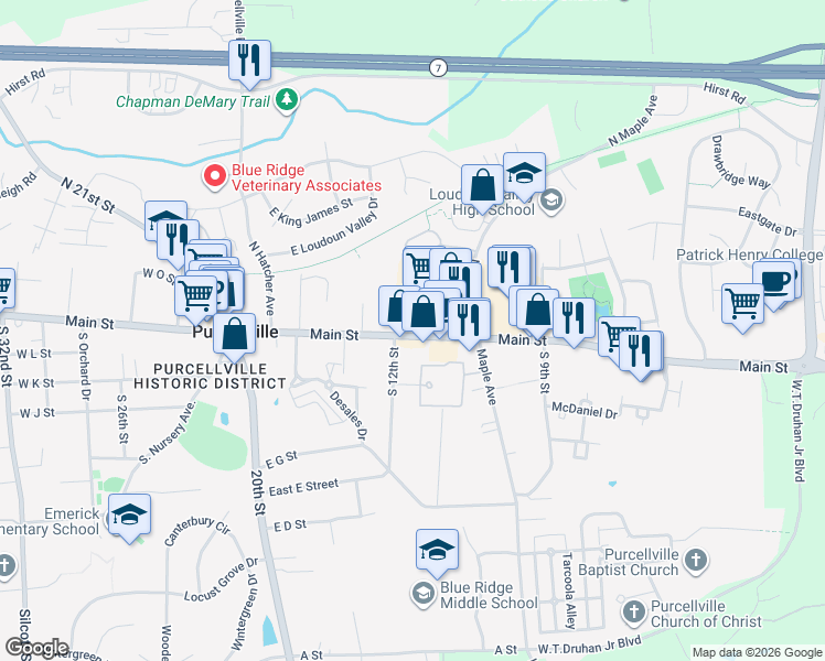 map of restaurants, bars, coffee shops, grocery stores, and more near 609 East Main Street in Purcellville