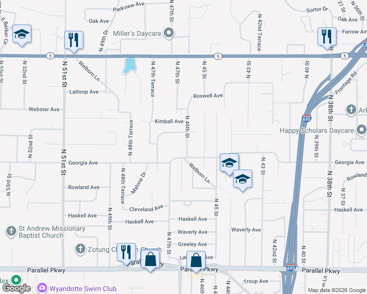 map of restaurants, bars, coffee shops, grocery stores, and more near 2720 North 46th Street in Kansas City