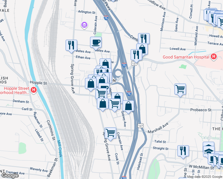 map of restaurants, bars, coffee shops, grocery stores, and more near 2953 Sidney Avenue in Cincinnati