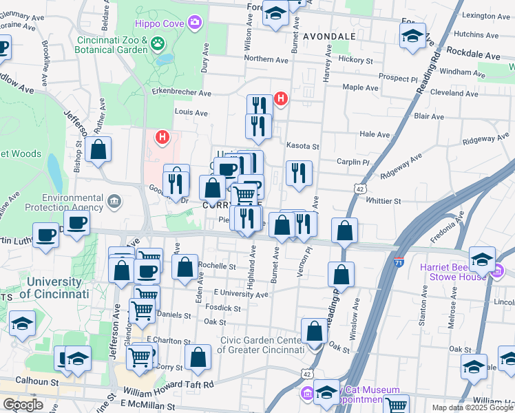 map of restaurants, bars, coffee shops, grocery stores, and more near in Cincinnati