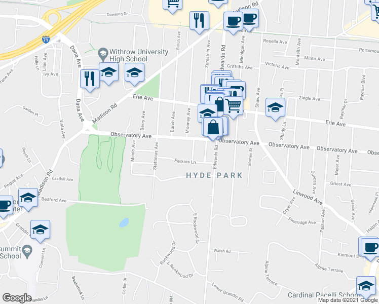 map of restaurants, bars, coffee shops, grocery stores, and more near 3305 Westside Avenue in Cincinnati