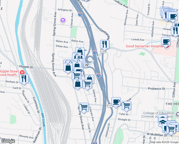 map of restaurants, bars, coffee shops, grocery stores, and more near 2953 Sidney Avenue in Cincinnati