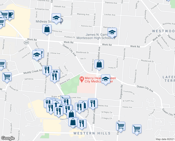 map of restaurants, bars, coffee shops, grocery stores, and more near 3126 Queen City Avenue in Cincinnati