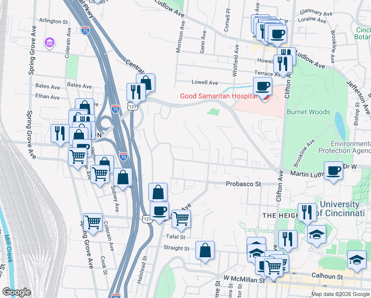 map of restaurants, bars, coffee shops, grocery stores, and more near 688 Riddle Road in Cincinnati