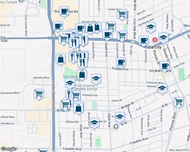map of restaurants, bars, coffee shops, grocery stores, and more near 701 Stafford Way in Yuba City