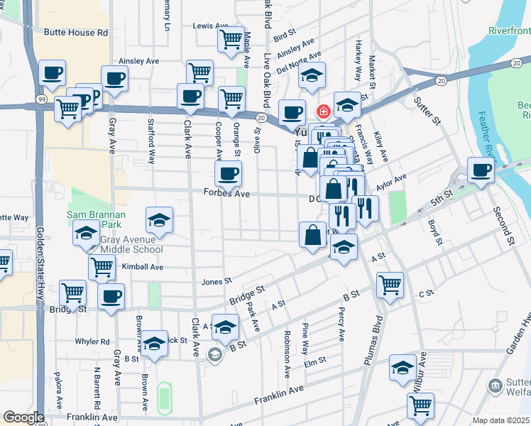 map of restaurants, bars, coffee shops, grocery stores, and more near 733 Olive Street in Yuba City