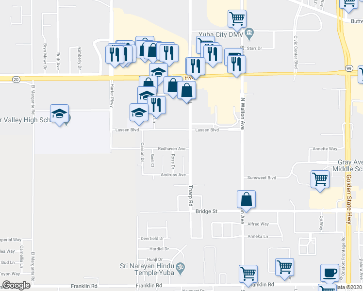 map of restaurants, bars, coffee shops, grocery stores, and more near 1647 Redhaven Avenue in Yuba City