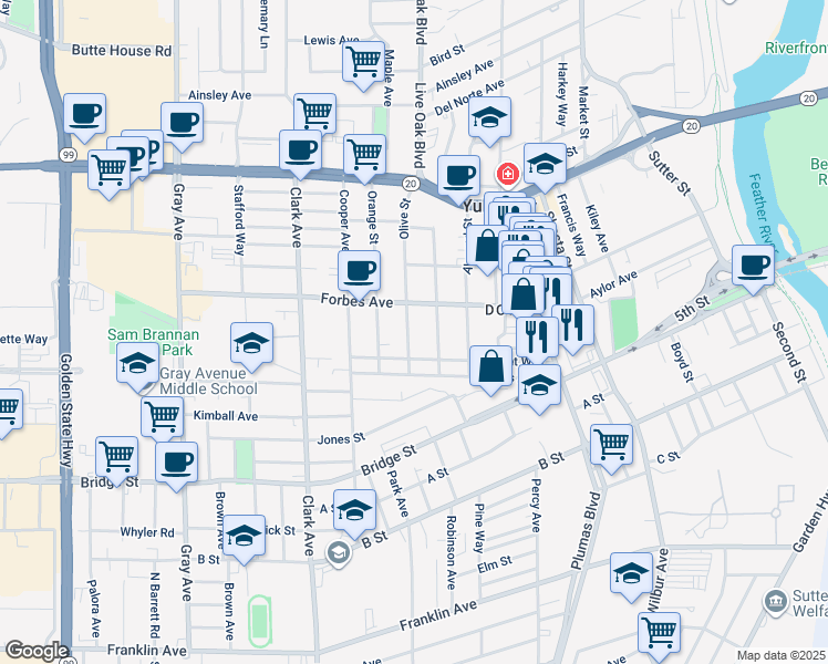 map of restaurants, bars, coffee shops, grocery stores, and more near 733 Olive Street in Yuba City