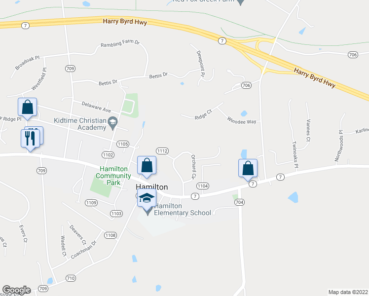 map of restaurants, bars, coffee shops, grocery stores, and more near 208 Orchard Circle in Hamilton