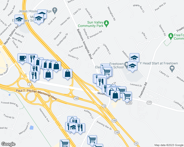 map of restaurants, bars, coffee shops, grocery stores, and more near 1109 Castle Harbor Way in Glen Burnie