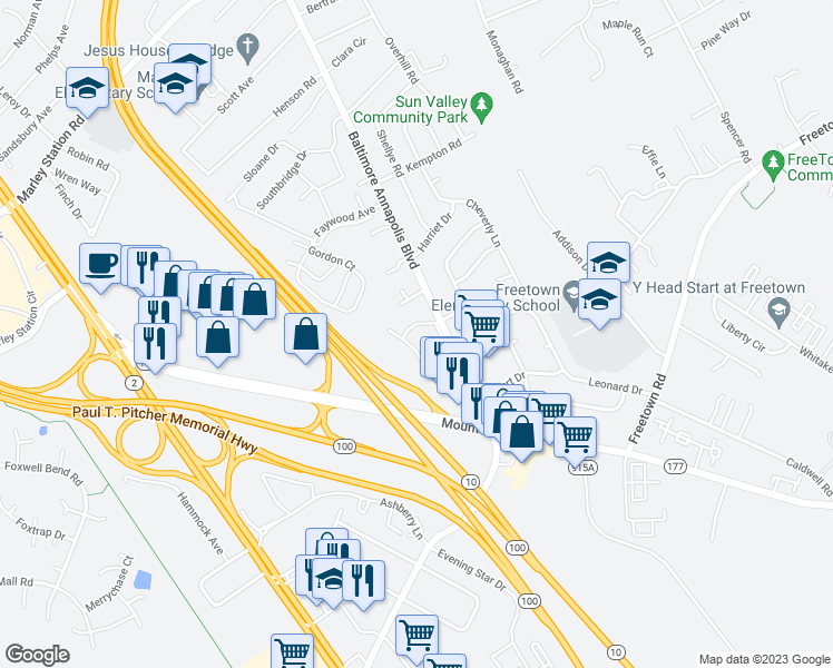 map of restaurants, bars, coffee shops, grocery stores, and more near 1108 Castle Harbor Way in Glen Burnie