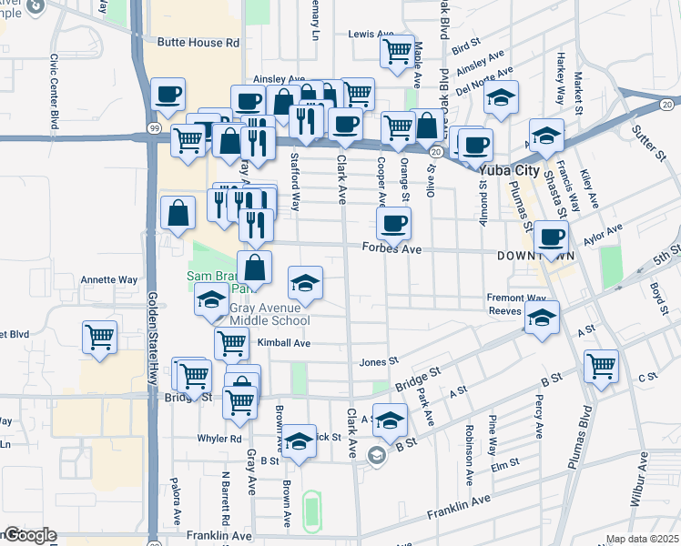 map of restaurants, bars, coffee shops, grocery stores, and more near 808 Clark Avenue in Yuba City