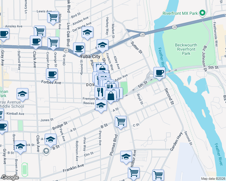 map of restaurants, bars, coffee shops, grocery stores, and more near 614 Shasta Street in Yuba City
