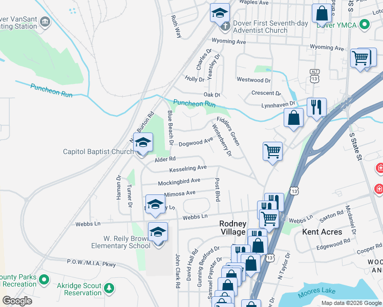 map of restaurants, bars, coffee shops, grocery stores, and more near 310 Alder Road in Dover