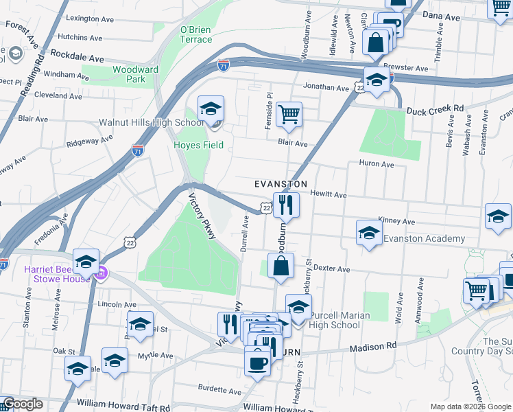 map of restaurants, bars, coffee shops, grocery stores, and more near 3152 Harvard Avenue in Cincinnati
