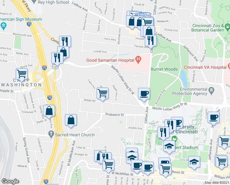 map of restaurants, bars, coffee shops, grocery stores, and more near 508 Riddle Road in Cincinnati