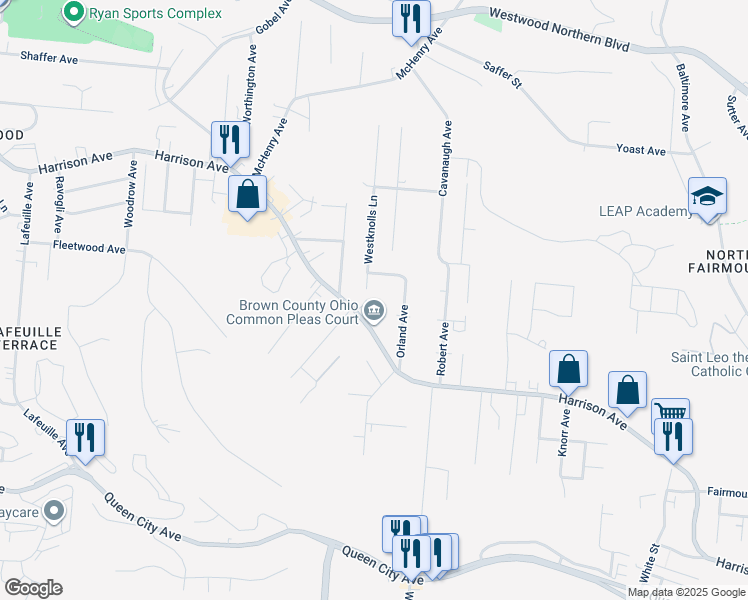 map of restaurants, bars, coffee shops, grocery stores, and more near 2294 Harrison Avenue in Cincinnati