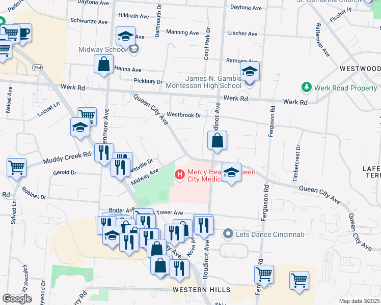 map of restaurants, bars, coffee shops, grocery stores, and more near 3126 Queen City Avenue in Cincinnati