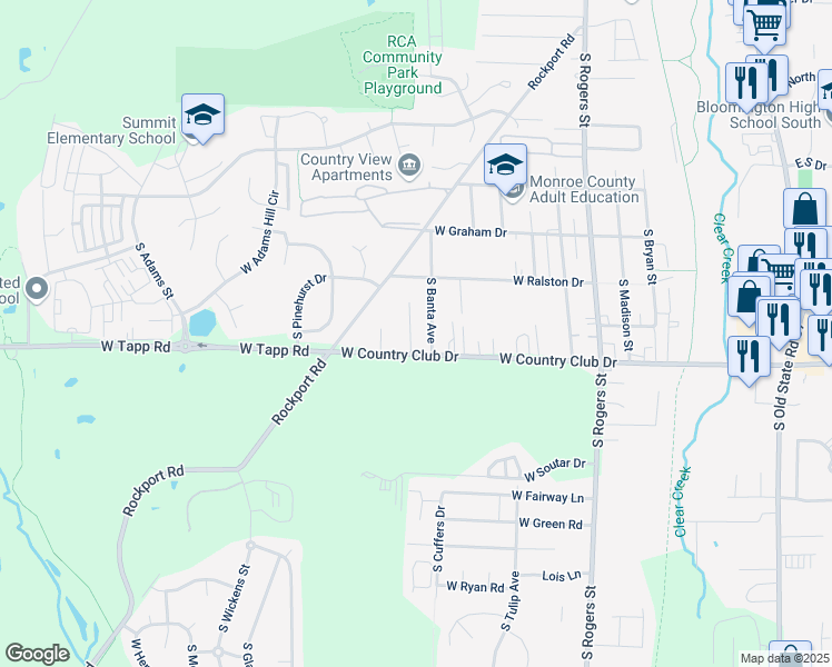 map of restaurants, bars, coffee shops, grocery stores, and more near 1004 West Country Club Drive in Bloomington