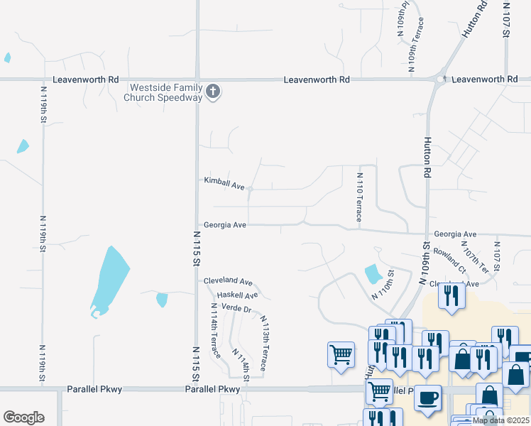 map of restaurants, bars, coffee shops, grocery stores, and more near 11334 Georgia Avenue in Kansas City