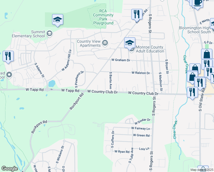 map of restaurants, bars, coffee shops, grocery stores, and more near 1004 West Country Club Drive in Bloomington