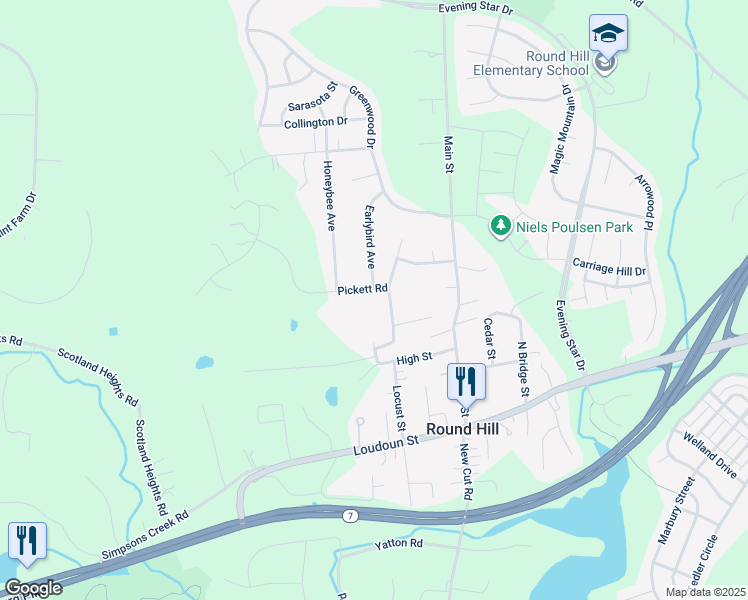 map of restaurants, bars, coffee shops, grocery stores, and more near 2 Broken Arrow Road in Round Hill