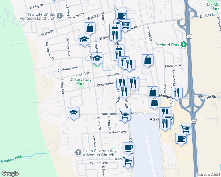 map of restaurants, bars, coffee shops, grocery stores, and more near 211 Observatory Avenue in Ukiah