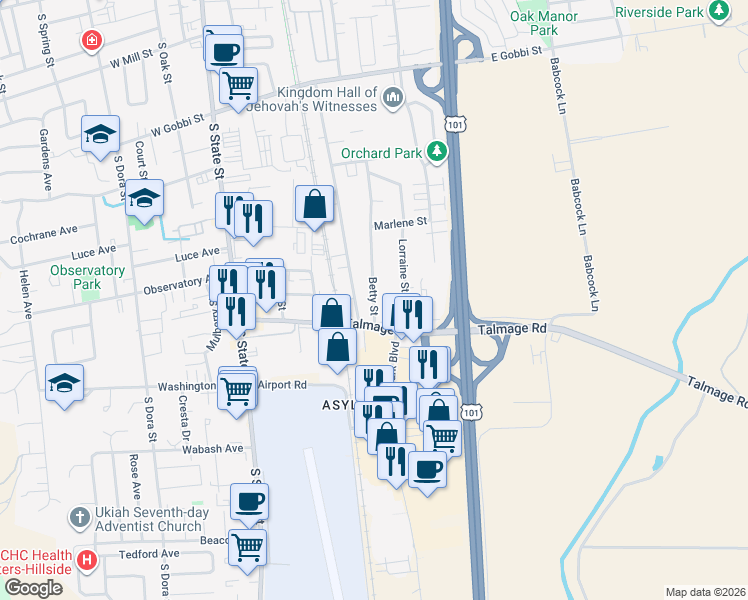 map of restaurants, bars, coffee shops, grocery stores, and more near 490 Talmage Road in Ukiah