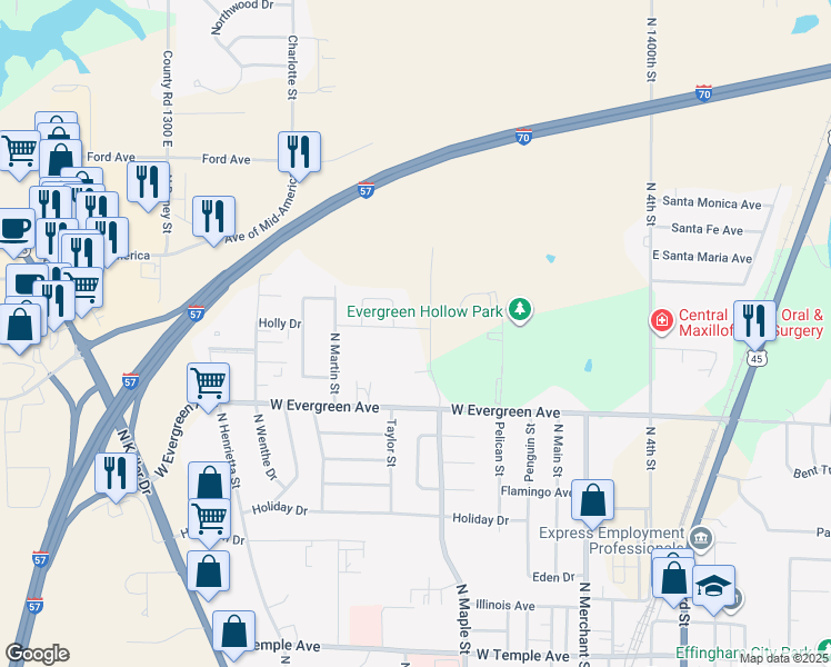 map of restaurants, bars, coffee shops, grocery stores, and more near 1203 North Maple Street in Effingham