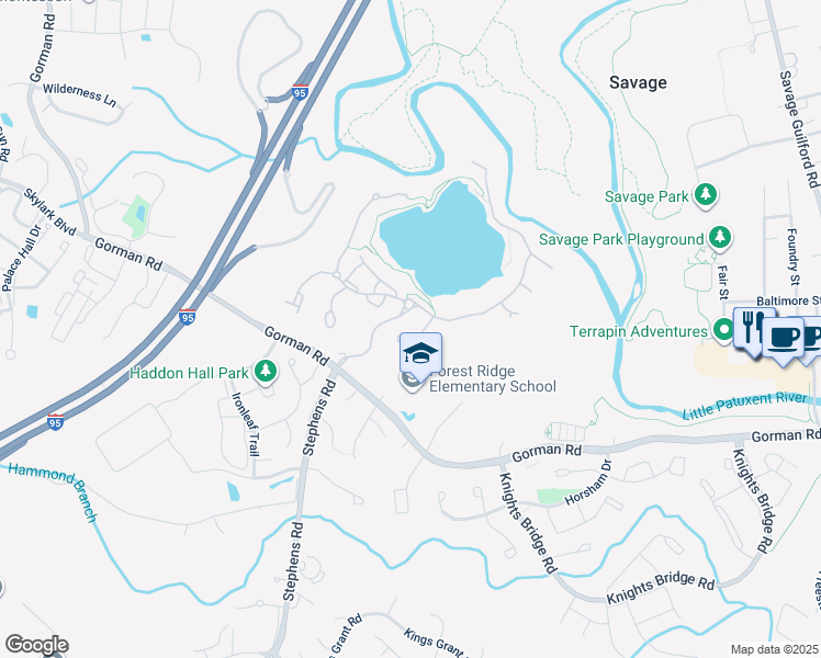 map of restaurants, bars, coffee shops, grocery stores, and more near 8612 Saddleback Place in Laurel