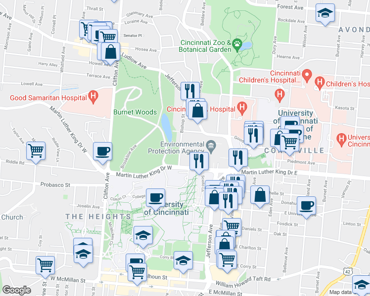 map of restaurants, bars, coffee shops, grocery stores, and more near 45 Lakewood Avenue in Cincinnati