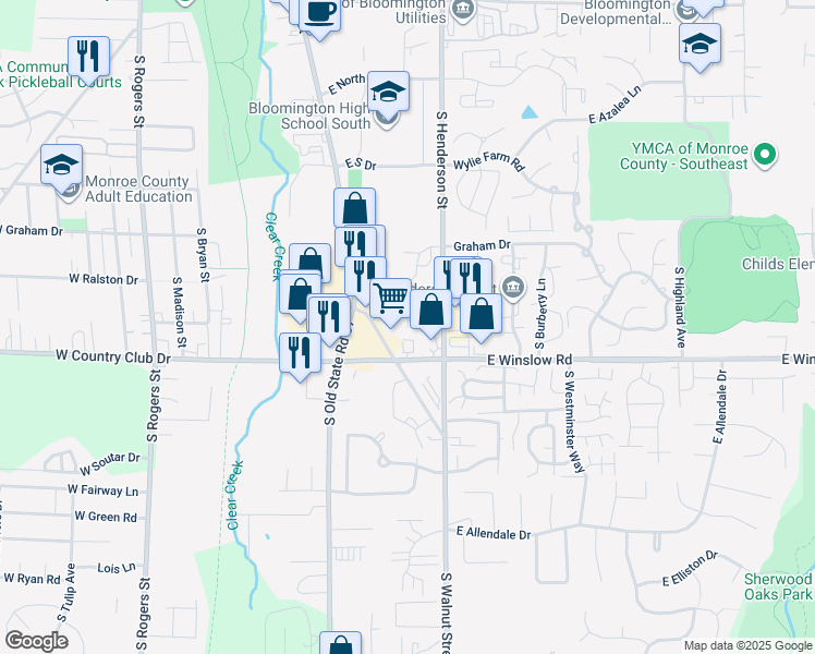 map of restaurants, bars, coffee shops, grocery stores, and more near 2446 South Henderson Street in Bloomington
