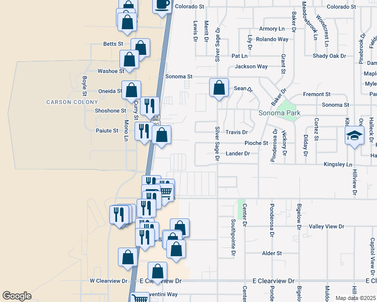 map of restaurants, bars, coffee shops, grocery stores, and more near 3426 Bonnyview Drive in Carson City