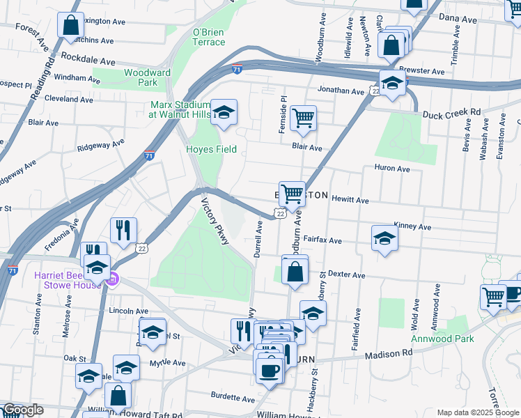 map of restaurants, bars, coffee shops, grocery stores, and more near 3143 Durrell Avenue in Cincinnati